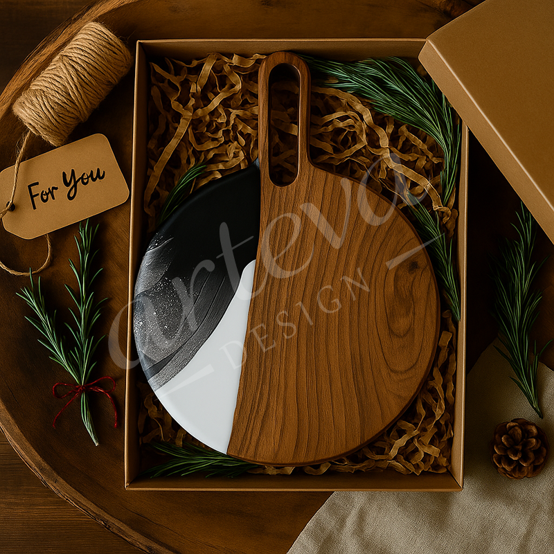 Ceviz Ağacı Epoksi Siyah-Beyaz Sunum Tahtası (35*27 cm)