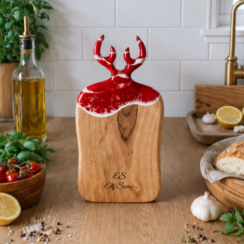 Ceviz Ağacı Epoksi Geyik Kırmızı Desenli Sunum Tahtası (35*18 cm) (Kopya) (Kopya)